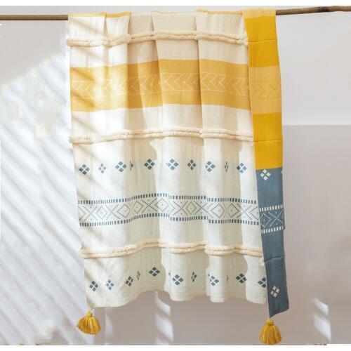 Cotton Blanket Sofa Knit Throw Blanket Tassles Yellow Grey Travel Blanket 130x170cm Home Sofa Chair Couch Bed 51"x67"