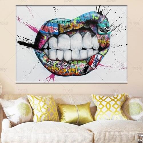 Show Teeth Lips Graffiti Art Canvas Prints Painting Street Wall Posters and Prints Wall Art Picture for Living Room Home Decor