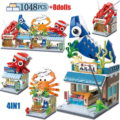 City Street View 4 in 1 Seafood Store Building Blocks Friends Figures Japanese Crab Shop Architecture Bricks Toys For Kids Gifts