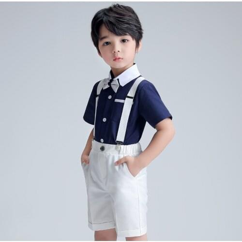 Childrens Day Chorus Costume Photograph Suit Boys T Shirt +Shorts+Suspender+Tie 4PCS Clothing Set Kindergarten Kids Prom Dress