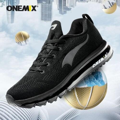 ONEMIX Men Running Shoes Air Cushion Knit Mesh Travel Mens Black Sneakers Breathable Walking Jogging Outdoor Light Sport Shoes