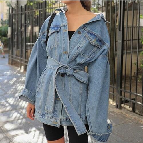 New 2020 Autumn Winter Womens Denim Jackets Sashes Lace Up Outerwear High Street Fashionable Blue Long Jeans CL579