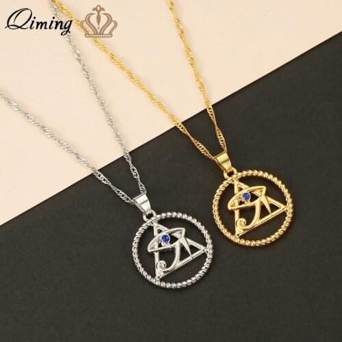 QIMING Golden Chains Egyptian Ankh Necklace Evil Eye Crystal Pendant Vintage Jewelry Women Men Birthday Mothers Day