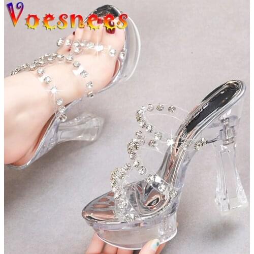 Summer Big Size Slippers Walk Show Stripper High Heels Transparent Sandals Platform Open Toe Sexy Party Color Flower Women Shoes