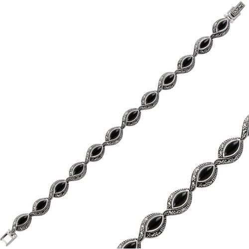 Silver 925 Sterling Marcasite & Onix Stone Bracelet