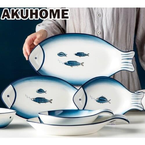 Nordic Ceramic Plate Creative Household Large Fish Plate Rectangular Plate Shallow Plate Vegetable Plate Cartoon Tableware