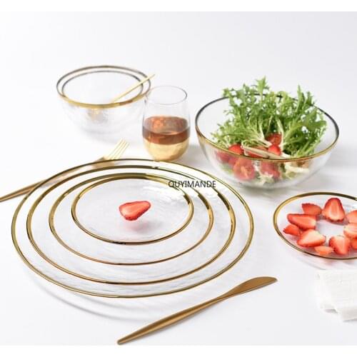 Nordic Glod Charger Glass Dinner Dish Plate Salad Soup Fruit Bowl Dessert Bead Wedding Plate Decorative Tableware