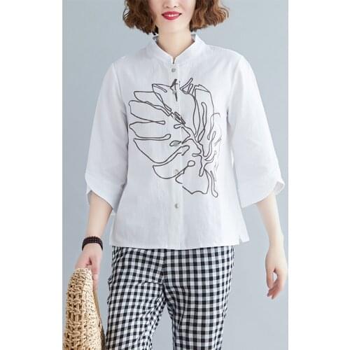 Embroidery Leave Pattern Women Shirt Blouse Three Quarter Sleeve White Black Casual Cotton Linen Tops Blouses Female Camisas New