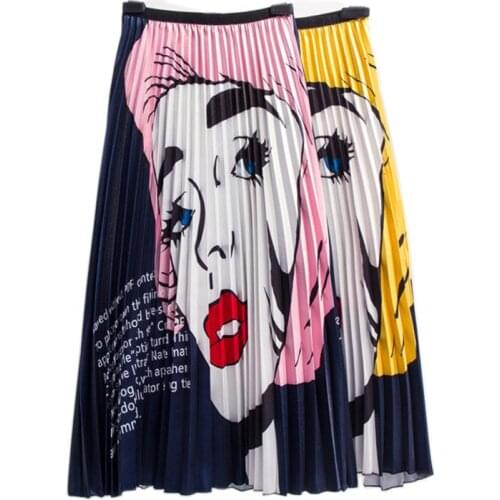 PERHAPS U Pink Yellow Elastic Waist High Street Character Avatar Letter Print Empire Ruched A Line Midi Skirt S0257