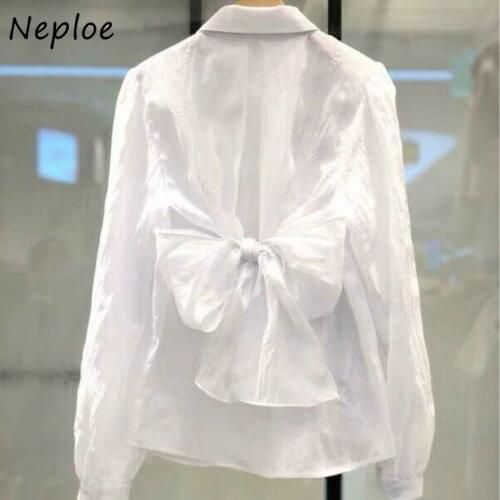 Neploe Chic Back Bow Drawstring Women Shirts Turn-down Collar Single Breasted Femme Blusas Solid Color Elegant Design Blouse