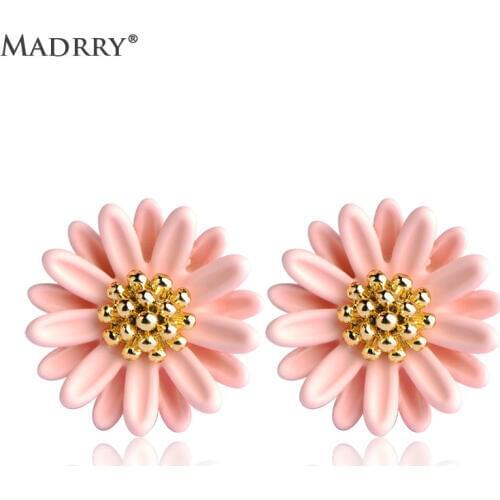 Madrry Pink Enamel Sunflower Small Stud Earrings Pretty Girls Ear Piercing boucle d'oreille Femme Pequeno Brincos Wedding Party