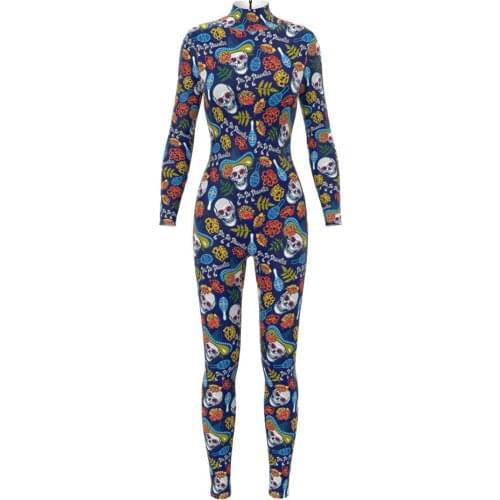 Fashion Halloween Skull Print Costume For Women Carnival Cosplay Party Jumpsuits Ladies Casual Outdoor Fitness Bodysuit Outfit