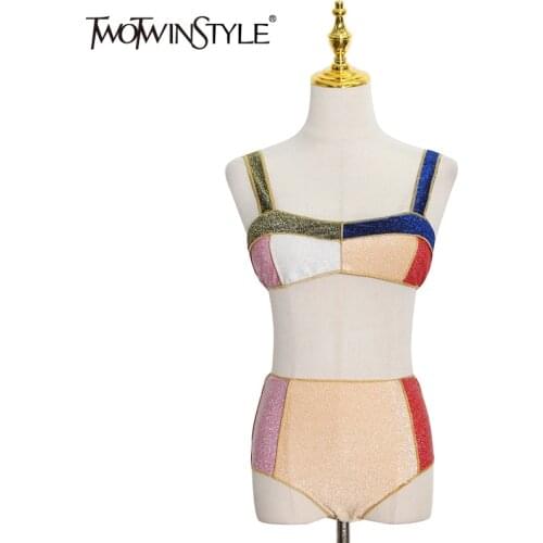 TWOTWINSTYLE Colorblock Sexy Two Piece Set For Female Square Collar Sleeveless Lace Up Camisole High Waist Shorts Womens Suits