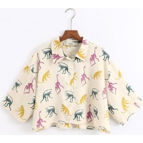 Lapel Collar Color Monkey Print Casual Workwear Top Ladies Chic Kimono Style Lined with European American Fashion All-Match Thin