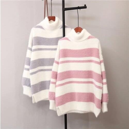 Faux Mink Hair Sweet Wind Hit Color Sweater Female Striped High Neck Loose Long Sleeve Casual Knitted Jumpers Pullover Spring