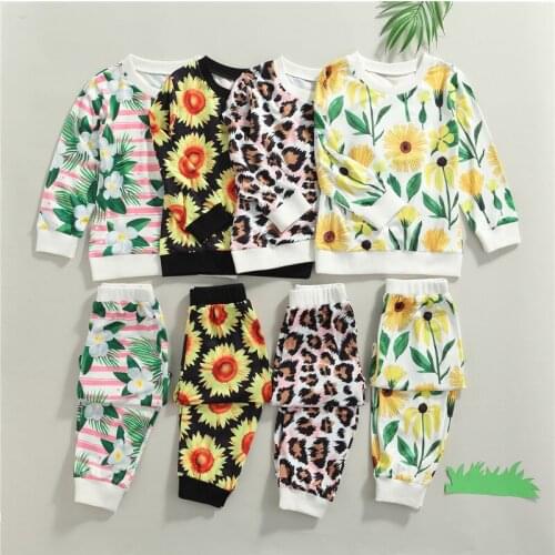 1-5 Years Girls Spring Autumn Outfits Girls Sunflower Leopard Stripe Print Long Sleeve Pullover Trousers Set For Girls