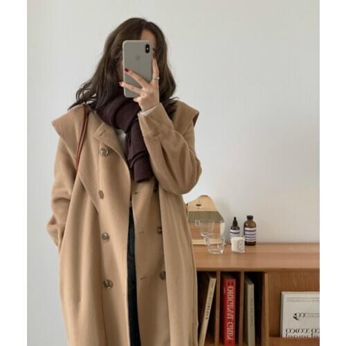 Women Winter Camel Color Loose Long Cashmere Coat Jacket Double Breasted Wool Overcoat Belt Preppy Style Outerwear Cardigan