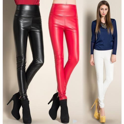2017 High Quality PU Leather Pants Women Winter female high waist elastic pu leather fleece stretch Slim women pencil pants