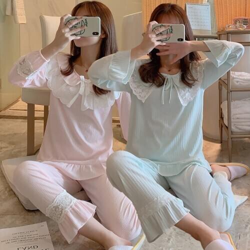 2021 Spring Autumn Long Sleeve Cotton Pajama Sets Women Sleepwear Sweet Lace Princess Pyjamas Homewear Pijama Mujer Home Clothes