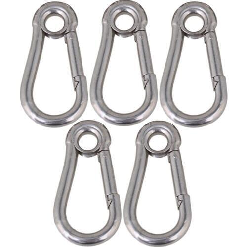 50mm Silver M5 Carabiner Spring Camping Climbing Secure Lock 304 Stainless Steel Snap Hook Eyelet Link Pack of 5