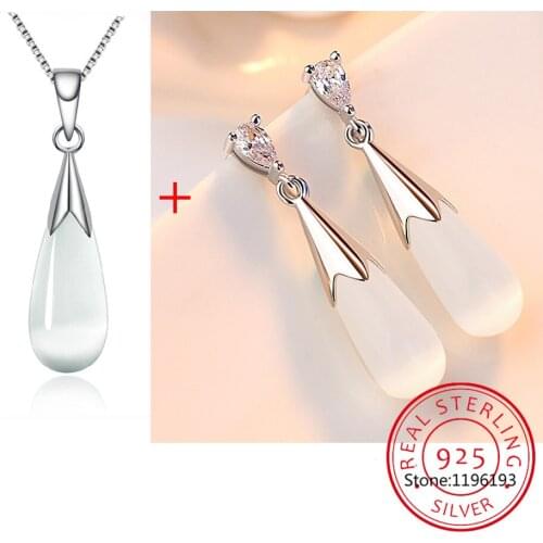 925 Sterling Silver Jewelry Sets Moonstone Opal Water Drop Necklace+Earrings joyas de plata For Women Girl Gift