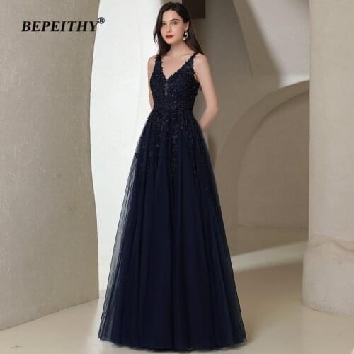 BEPEITHY Vintage Navy Blue Long Evening Dress Party Elegant For Women 2021 Robes De Soirée V Neck Sleeveless Prom Gown Hot Sale