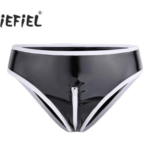 IEFiEL Womens Sexy Panties Lingerie Wetlook Patent Leather Zipper Crotchless Low Rise Bikini Briefs Underwear Underpants