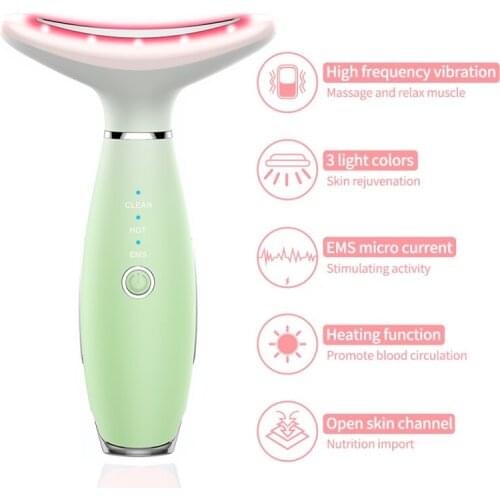 3 Colors LED Facial Neck Massager PhotonTherapy Heating Face Wrinkle Removal Reduce Double Chin Skin Lifting Prevention Sagging