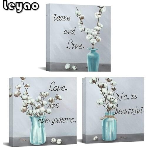 3 Piece Floral Diamond Painting White Cotton Flower Teal Vase Still Life Triptych Full Square Drill Embroidery 3pcs Home Decor