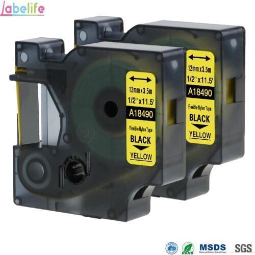 2 Pack 18490 For DYMO Rhino Flexible Nylon Label S0718080 Black on Yellow 12mm Industrial Labels for DYMO Rhino Label Makers