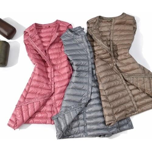 New Women 90% White Duck Down Vest Womens Ultra Light Duck Long Warm Vests Autumu Winter Round Sleeveless Coat Covered Button