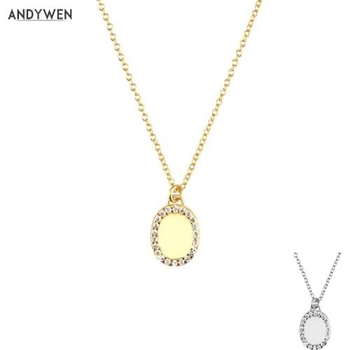 ANDYWEN Winter 925 Sterling Silver Gold Ovals Pendant Long Chain Necklace 2021 Women Fine Jewelry Gift Clear Zircon Jewels