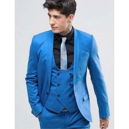 Jacket+Pants+vest) Bright Blue 3 Pieces Wedding Suits for Men One Button Groom Tuxedos Business Formal Suit Mens Suits