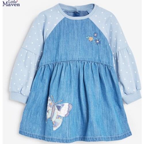 Frocks for Baby Girls Brand Autumn Clothes Cotton Butterfly Applique Toddler Denim Contrast Color Dot Dress for Kids 2-7 Years