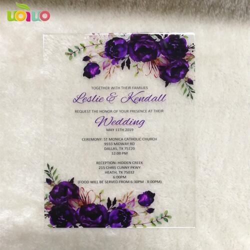 Clear acrylic card with custom printing,purple flora nice wedding birthday acrylic invitation cards