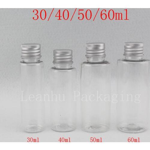 30ml 40ml 50ml 60ml empty transparent cosmetic bottles with aluminum lid , clear travel size plastic bottle with sealed lid vial