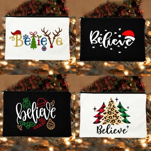 Christian Believe Women Christmas Cosmetic Cases Bag Fashion Cute Deer Makeup Pouch Zipper Canvas Travel Toiletries Storage Gift