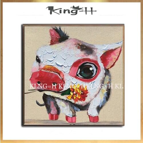Funny Wall Art Painting Artist Hand-painted Lovely Animal Piggy with Rose Oil Painting Cute Pig Oil Painting for Friend Gift