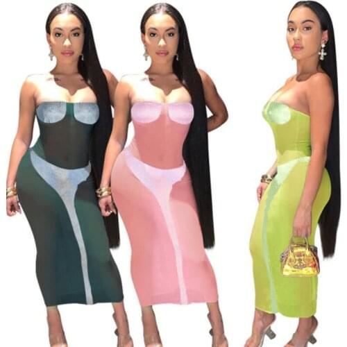 ZKYZWX Sexy Mesh Sheer Strapless Maxi Dress Off Shoulder Bodycon Birthday Dresses for Women Summer Clothes Night Club Long Dress