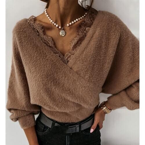 Fall Elegant Plush Sweater Solid Color Lace Splicing V-Neck Long Sleeve Stretch Crop Pullover Women Ladies Fashion Wild Clothes