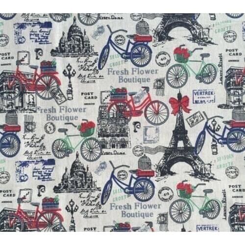 Bicycle and black tower printed linen cotton fabric DIY hand printing and dyeing cloth for sofa/luggage/tablecloth/cushion