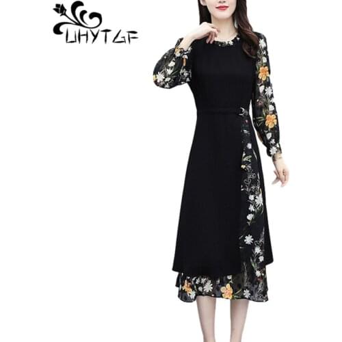 UHYTGF Fashion Women Chiffon Spring Dress Long Sleeve Stitching Elegant Female Clothes Pullover Loose 5XL Plus Size Dresses 1491