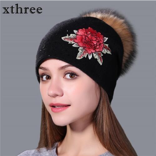 Xthree Winter Hat With Pom Pom Cashmerel Knitted Hat for Women Female Beanie Cap Double Deck Flower Skullie Keep Warm