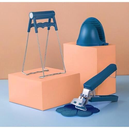 1 Set Stainless Steel Hot Bowl Clip Pot Dish Holder Silicone Mini Oven Mitt Placemat Anti-Hot Clamp Gripper Picnic Kitchen Set