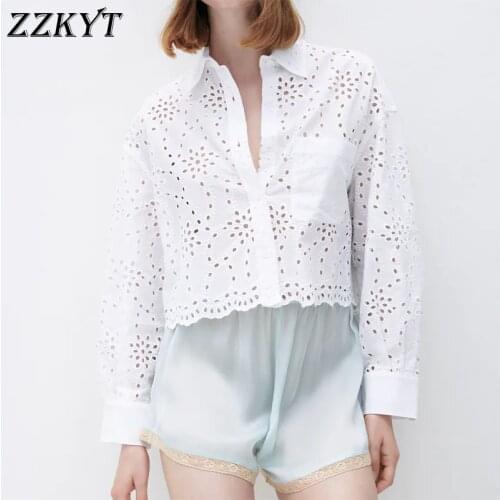 ZZKYT 2021 Women Spring Fashion White Embroidery Cropped Blouses Vintage Lapel Collar Long Sleeve Hollow Out Female Casual Tops