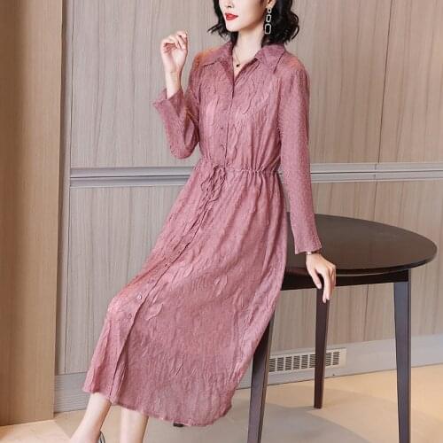 High End Embroidery Large Size Dress Spring 2021 New Womens Middle Length Ladys Age Reducing And Slim Pleated Dresses