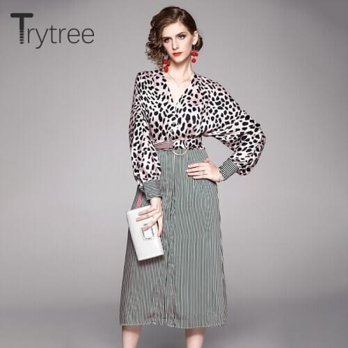 Trytree 2020 Autumn Winter Woman Casual Dress V-neck Batwing Sleeve Leopard Spliced Stripe Belt Fashion Elegant Split hem Dress