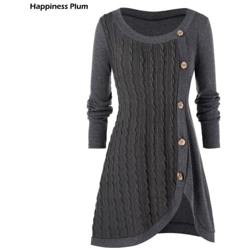 Plus Size 5XL Winter Solid Buttons Tunic Sweater Women Warm Long Sleeve Knitted Pullover Sweater Female Jumper Women Ladies Tops