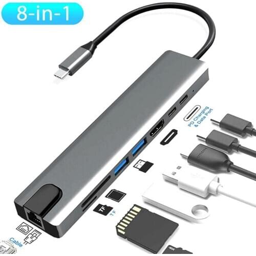 1 Pcs 8In1 Usb-C 3.1 To Type-C Usb 3.0 Hub Rj45 Ethernet Micro Security Digital Card Tf Otg Adapter