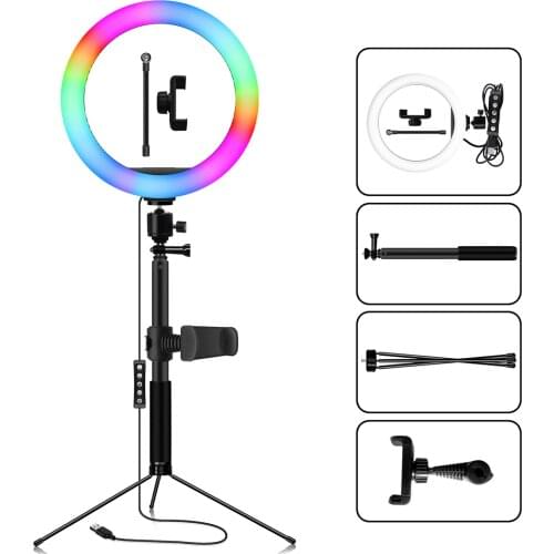10" Selfie LED Fill Light with Tripod Stand Cellphone Holder RGB Dimmable LED Ring Light Set for Youtube Live Stream Photography